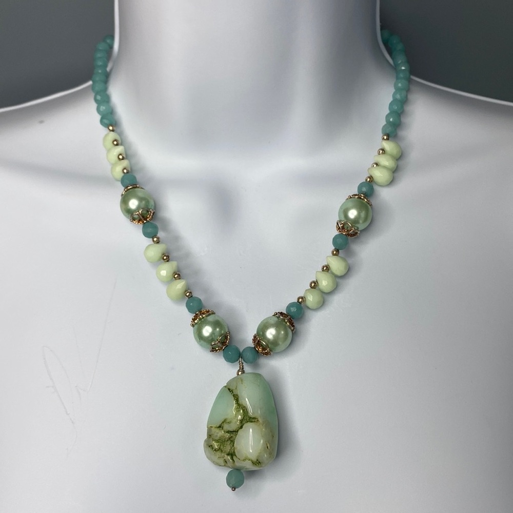 Larimar Chalcedony necklace glass pearl drop silver - Picture 1 of 5